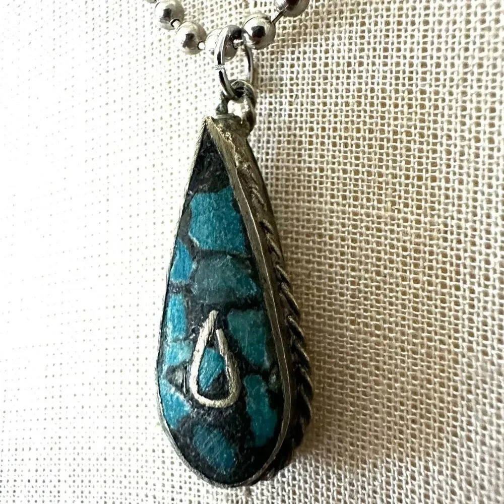 Boho Teardrop Mosaic Turquoise Pendant Necklace